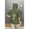 Kadın Haki Yeşil  Kapüşonlu Sırtı Hayat Ağacı Nakışlı Pamuk Keten Kumaş Katlamalı Uzun Kol Gömlek Ceket
