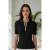 Kadın Siyah Polo Yaka Çıtçıtlı Yarım Patlı Likralı İnce Tiriko Bluz