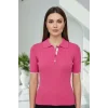 Kadın Pembe Polo Yaka Çıtçıtlı Yarım Patlı Likralı İnce Tiriko Bluz