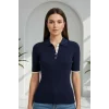 Kadın Lacivert Polo Yaka Çıtçıtlı Yarım Patlı Likralı İnce Tiriko Bluz