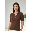 Kadın Kahve Polo Yaka Çıtçıtlı Yarım Patlı Likralı İnce Tiriko Bluz