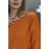 Kadın Turuncu Kayık Yaka Likralı % 100 PAMUK İPLİK İnce Triko Bluz