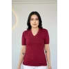 Kadın BORDO V Yaka Kısa Kol Likralı Pamuk Vizkon Kumaş Bluz