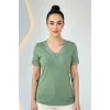 Kadın YEŞİL V Yaka Yakası Ve Kol Ucu Dantelli Likralı Esnek Kısa Kol Bluz