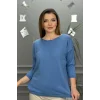 Kadın Açık Mavi Kayık Yaka Likralı % 100 PAMUK İPLİK İnce Triko Bluz