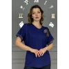 Kadın LACİVERT V Vaka Göğsü 3 Yaprak Kırıistal Taşlı Likralı Kısa Kol Bluz