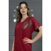 Kadın BORDO V Vaka Göğsü 3 Yaprak Kırıistal Taşlı Likralı Kısa Kol Bluz