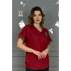 Kadın BORDO V Vaka Göğsü 3 Yaprak Kırıistal Taşlı Likralı Kısa Kol Bluz