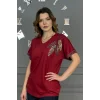 Kadın BORDO V Vaka Göğsü 3 Yaprak Kırıistal Taşlı Likralı Kısa Kol Bluz