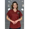 Kadın KİREMİT V Vaka Göğsü 3 Yaprak Kırıistal Taşlı Likralı Kısa Kol Bluz