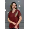 Kadın KİREMİT V Vaka Göğsü 3 Yaprak Kırıistal Taşlı Likralı Kısa Kol Bluz