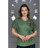 Kadın YEŞİL V Vaka Göğsü 3 Yaprak Kırıistal Taşlı Likralı Kısa Kol Bluz