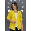 Kadın SARI Organik Yıkamalı Keten Kumaş Arkası Pamuk Penye Kapüşonlu File Ve Yıldız Pul Nakışlı Gömlek Ceket