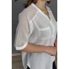 Kadın BEYAZ  Yıkamalı Organik Pamuk Keten Kumaş Omuz Ve Cebi File Detaylı Dirsek Kol TUNİK Gömlek