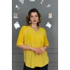 Kadın SARI  Yıkamalı Organik Pamuk Keten Kumaş Omuz Ve Cebi File Detaylı Dirsek Kol TUNİK Gömlek