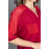 Kadın KIRMIZI  Yıkamalı Organik Pamuk Keten Kumaş Omuz Ve Cebi File Detaylı Dirsek Kol TUNİK Gömlek