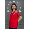Kadın Kırmızı Büyük Beden V Yaka Omuzlar Yaprak Kristal Taş İşlemeli Likralı Kısa Kol Buluz