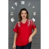 Kadın Kırmızı Büyük Beden V Yaka Omuzlar Yaprak Kristal Taş İşlemeli Likralı Kısa Kol Buluz