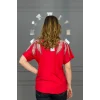 Kadın Kırmızı Büyük Beden V Yaka Omuzlar Yaprak Kristal Taş İşlemeli Likralı Kısa Kol Buluz