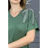 Kadın Yeşil Büyük Beden V Yaka Omuzlar Yaprak Kristal Taş İşlemeli Likralı Kısa Kol Buluz