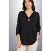 Kadın Siyah Büyük Beden Büyük Tek Düğmeli Yıkamalı Pamuk Keten Katlamalı Kol Gömlek Bluz