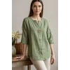 Kadın Haki Yeşil Büyük Beden Büyük Tek Düğmeli Yıkamalı Pamuk Keten Katlamalı Kol Gömlek Bluz