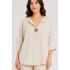 Kadın BEJ Büyük Beden Büyük Tek Düğmeli Yıkamalı Pamuk Keten Katlamalı Kol Gömlek Bluz