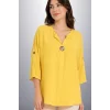 Kadın SARI  Büyük Beden Büyük Tek Düğmeli Yıkamalı Pamuk Keten Katlamalı Kol Gömlek Bluz