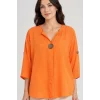 Kadın TURUNCU  Büyük Beden Büyük Tek Düğmeli Yıkamalı Pamuk Keten Katlamalı Kol Gömlek Bluz