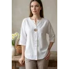 Kadın BEYAZ Büyük Beden Büyük Tek Düğmeli Yıkamalı Pamuk Keten Katlamalı Kol Gömlek Bluz