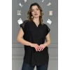 Kadın Siyah Omzu Ve Cebi FİLE DETAYLI Yıkamalı Keten Kumaş Kısa Kol Buluz TUNİK Gömlek