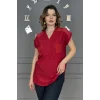 Kadın Kırmızı Omzu Ve Cebi FİLE DETAYLI Yıkamalı Keten Kumaş Kısa Kol Buluz TUNİK Gömlek