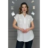 Kadın Beyaz Omzu Ve Cebi FİLE DETAYLI Yıkamalı Keten Kumaş Kısa Kol Buluz TUNİK Gömlek