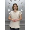 Kadın BEJ rengi Omzu Ve Cebi FİLE DETAYLI Yıkamalı Keten Kumaş Kısa Kol Buluz TUNİK Gömlek