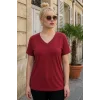 Kadın Büyük Beden BORDO V Yaka Likralı Pamuk Viskon Penye Kumaş Kısa Kol Bluz