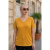Kadın Büyük Beden SARI V Yaka Likralı Pamuk Viskon Penye Kumaş Kısa Kol Bluz
