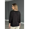 Kadın Siyah Kayık Yaka Yıldız Ajurlu Likralı % 100 PAMUK İPLİK İnce Triko Bluz