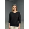 Kadın Siyah Kayık Yaka Yıldız Ajurlu Likralı % 100 PAMUK İPLİK İnce Triko Bluz