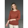 Kadın Kiremit  Kayık Yaka Yıldız Ajurlu Likralı % 100 PAMUK İPLİK İnce Triko Bluz