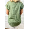 Kadın Yeşil Omzu Ve Cebi FİLE DETAYLI Yıkamalı Keten Kumaş Kısa Kol Buluz Gömlek