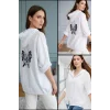 Kadın Beyaz Büyük Beden Sırtı Kelebek Nakışlı Kol Katlamalı Pamuk Keten Kumaş Gömlek Ceket
