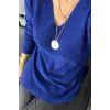 Kadın Mavi V Yaka Likralı Dışı Simli İçi Yumoş İnce Triko Bluz