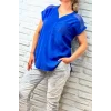 Kadın Mavi Omzu Ve Cebi FİLE DETAYLI Yıkamalı Keten Kumaş Kısa Kol Buluz Gömlek