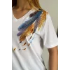 Kadın Beyaz V Yaka Omzu Yaprak Pul İşlemeli %100 PAMUK PENYE Penye Bluz