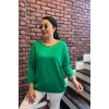Kadın Yeşil Kayık Yaka Likralı % 100 PAMUK İPLİK İnce Triko Bluz