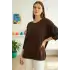 Kadın Koyu Kahverengi Kayık Yaka Likralı % 100 PAMUK İPLİK İnce Triko Bluz