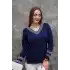 Kadın Lacivert V Yaka Yakası Ve Kolu GIRİ Simli Likralı İthal İp Örgü İnce Tiriko Kazak