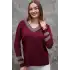 Kadın Bordo  V Yaka Yakası Ve Kolu GIRİ Simli Likralı İthal İp Örgü İnce Tiriko Kazak