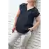 Kadın Siyah Omzu Ve Cebi FİLE DETAYLI Yıkamalı Keten Kumaş Kısa Kol Buluz Gömlek