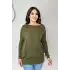 Kadın Haki Yeşil Bisiklet Yaka Yandan Cepli Likralı Esnek Yumuşak Dokulu Triko Bluz